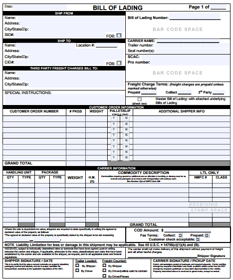 21 Free Bill Of Lading Template Word Excel Formats