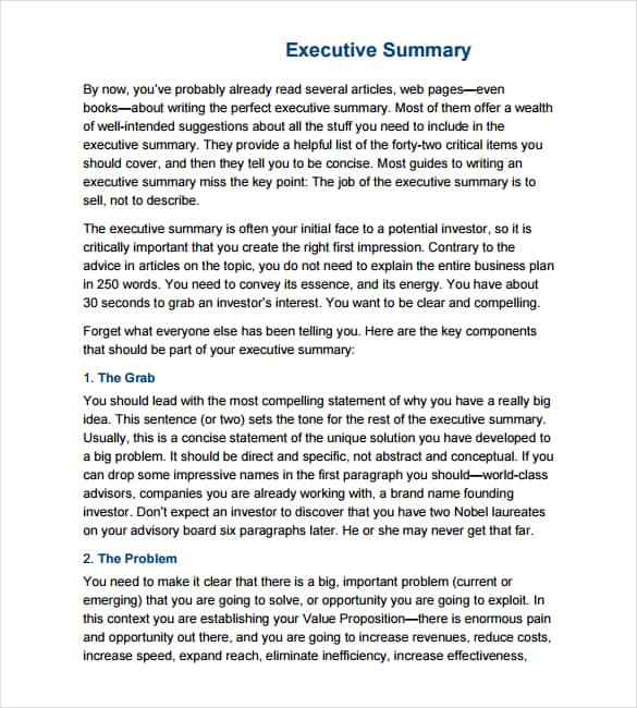 the importance executive summary in business plan