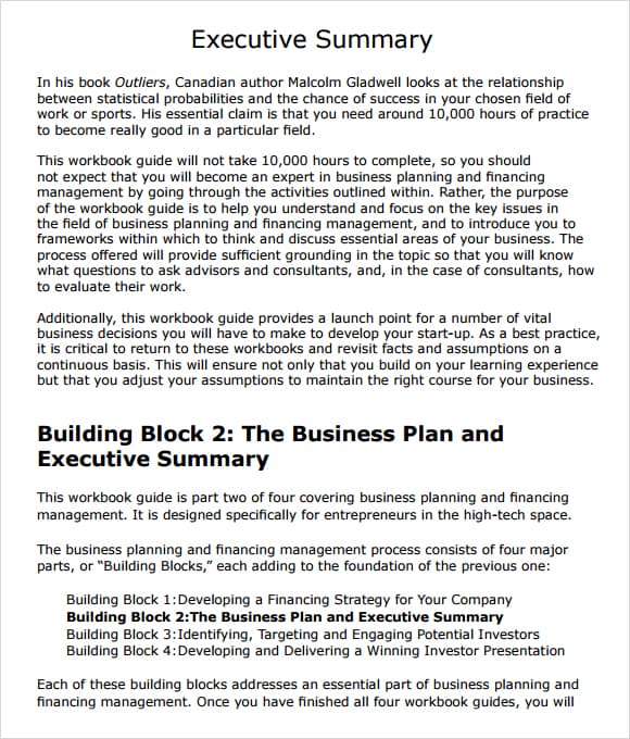 business plan executive summary template example