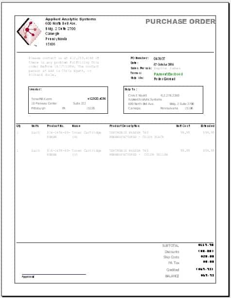 Purchase Order sample 25.6114