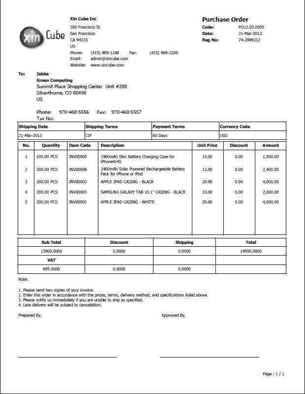 Purchase Order sample 29641