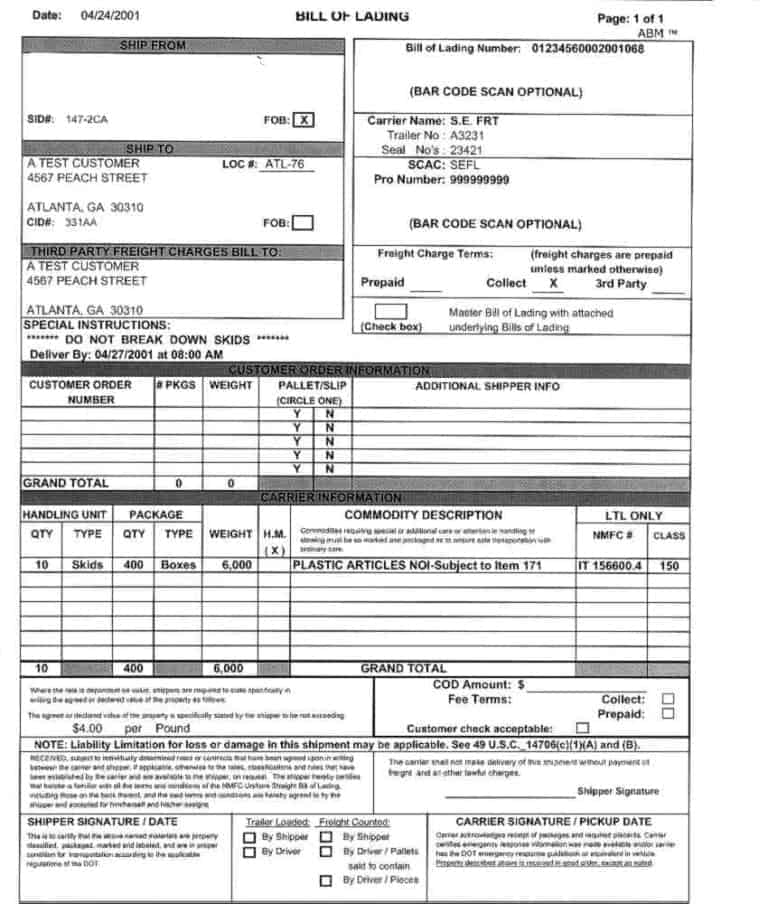 21 Free Bill Of Lading Template Word Excel Formats 4373