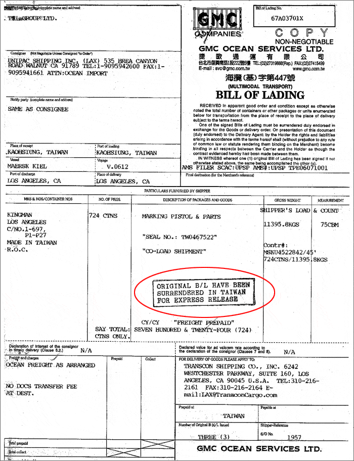Example Of Bill Of Lading Form