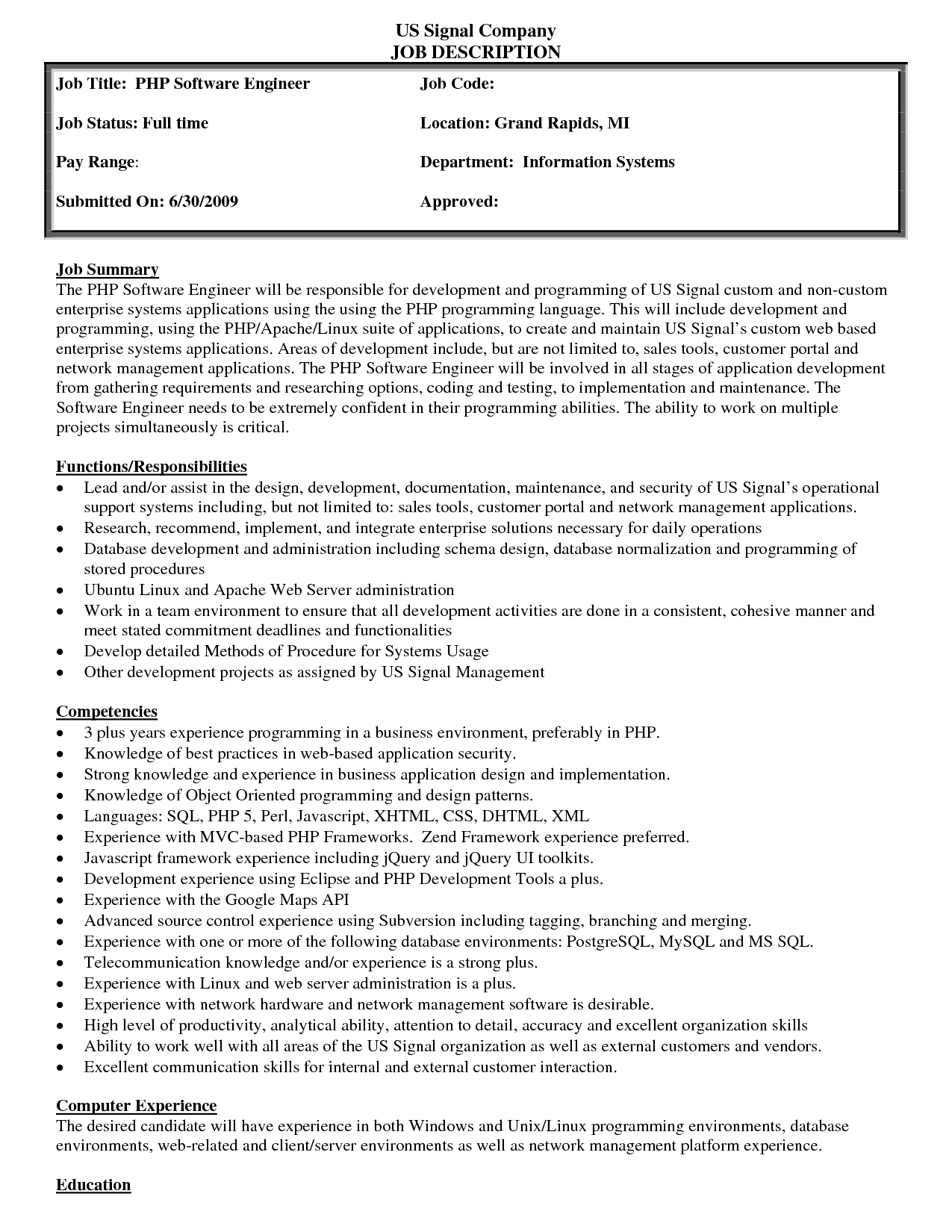 job description template for resume