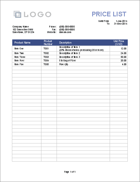 21 Free Price List Template Word Excel Formats