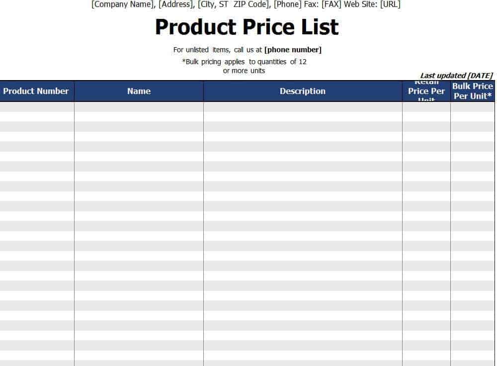  Price List Spreadsheet Template 