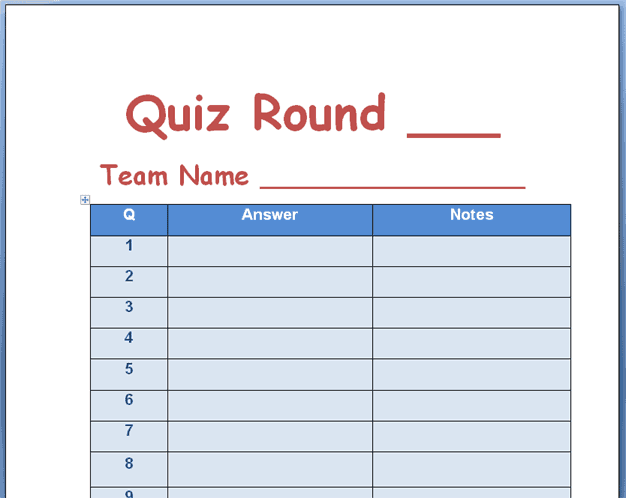 Quiz Score Sheet Template Word